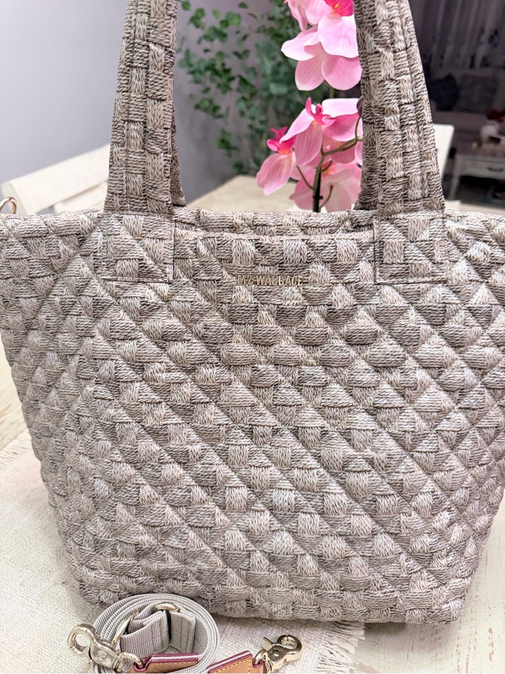 MZ Wallace Beige Taupe Woven Quilted Tote
